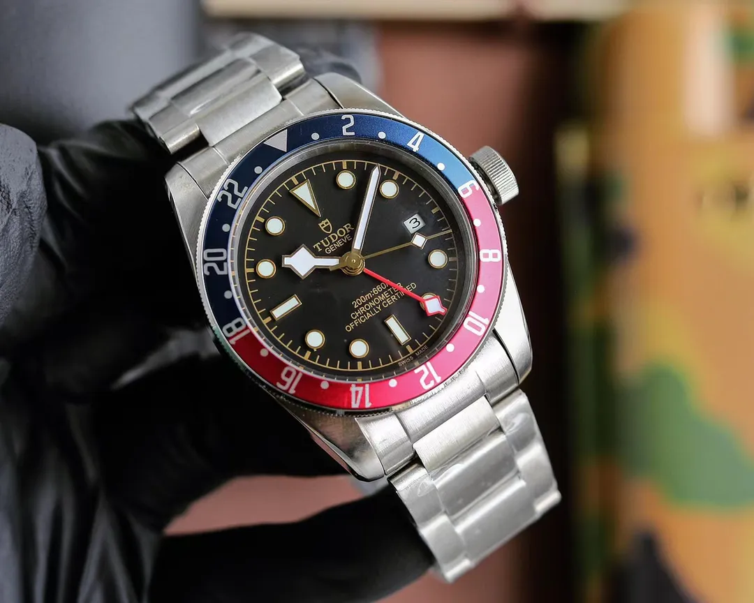 SportInspired ZF Factory Tudor Black Bay GMT Automatic Men’s Watch with Pepsi Red-Blue Bezel, Black Dial, and Stainless Steel Bracelet 8365