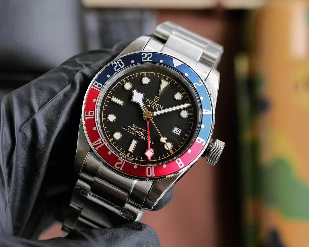 SportInspired ZF Factory Tudor Black Bay GMT Automatic Men’s Watch with Pepsi Red-Blue Bezel, Black Dial, and Stainless Steel Bracelet 8365