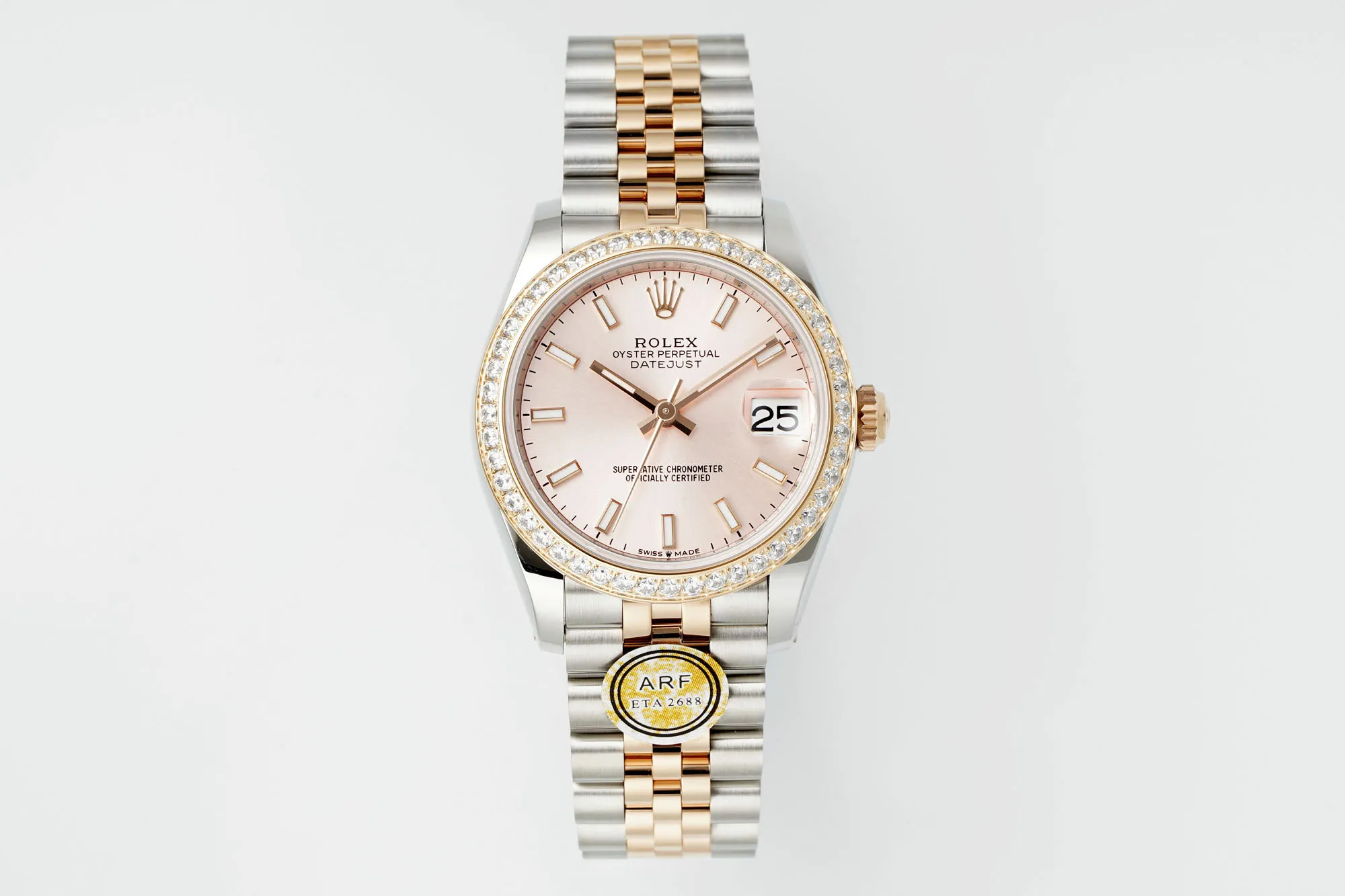 Premium AR Factory Rolex Datejust 31mm Women’s Automatic Watch with Pink Dial, Diamond Bezel, and Two-Tone Silver Gold Jubilee Bracelet 4988