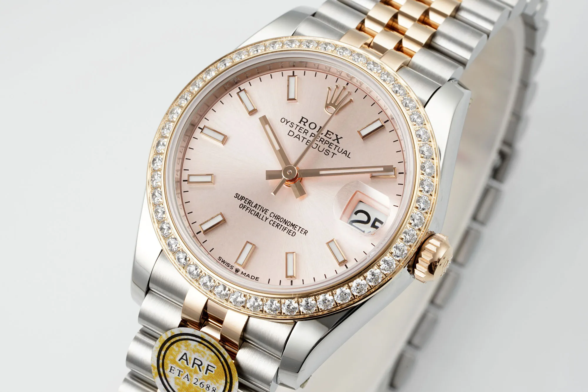 Premium AR Factory Rolex Datejust 31mm Women’s Automatic Watch with Pink Dial, Diamond Bezel, and Two-Tone Silver Gold Jubilee Bracelet 4988