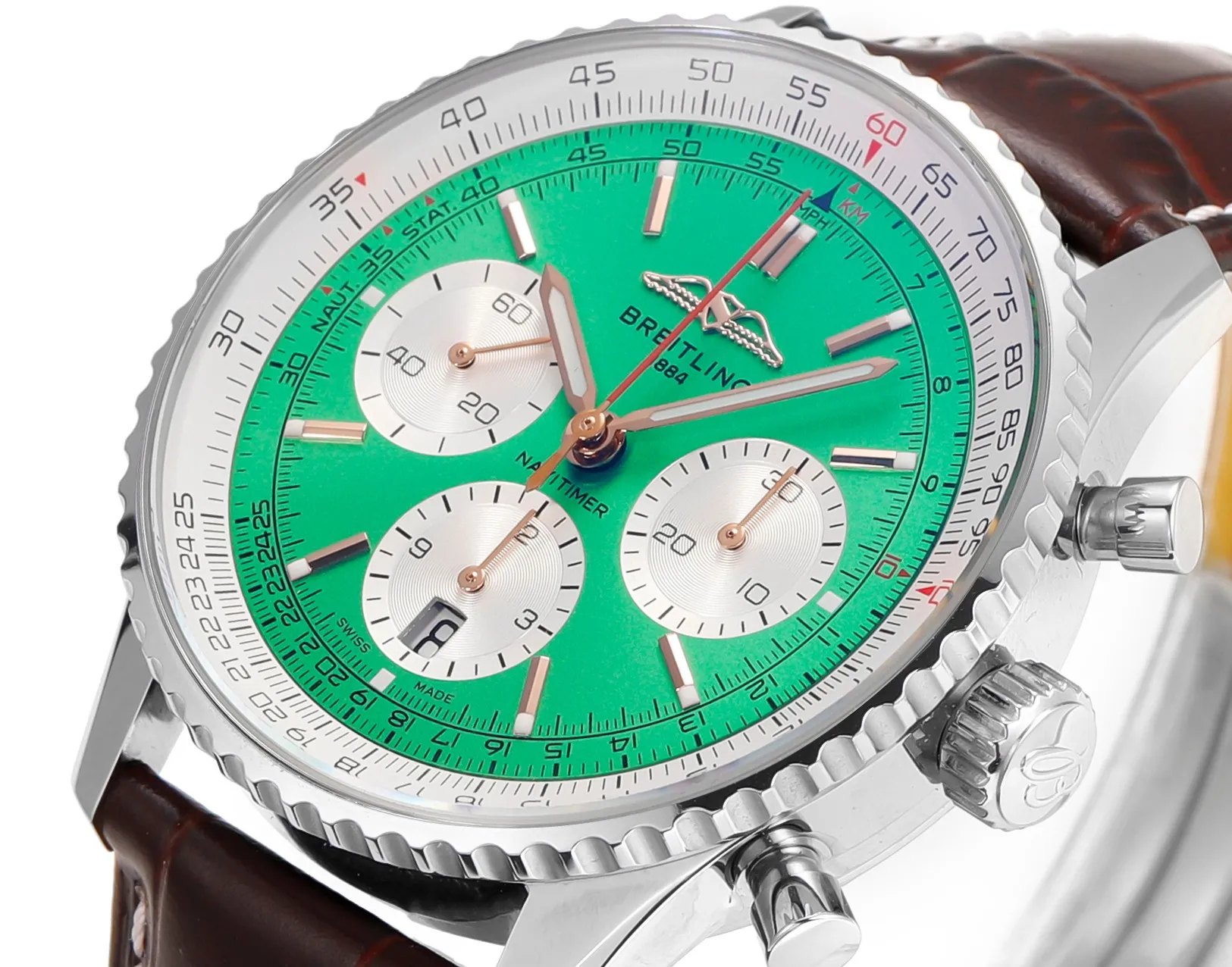 BLS Factory Breitling Navitimer Chronograph Green Dial Brown Leather Strap Stainless Steel Watch Colorful 2382