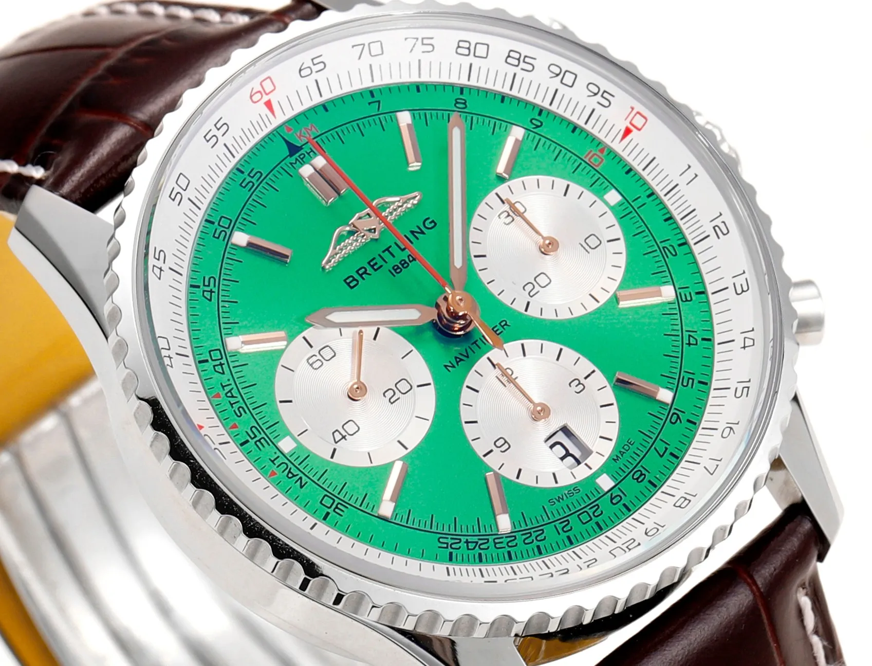 BLS Factory Breitling Navitimer Chronograph Green Dial Brown Leather Strap Stainless Steel Watch Colorful 2382