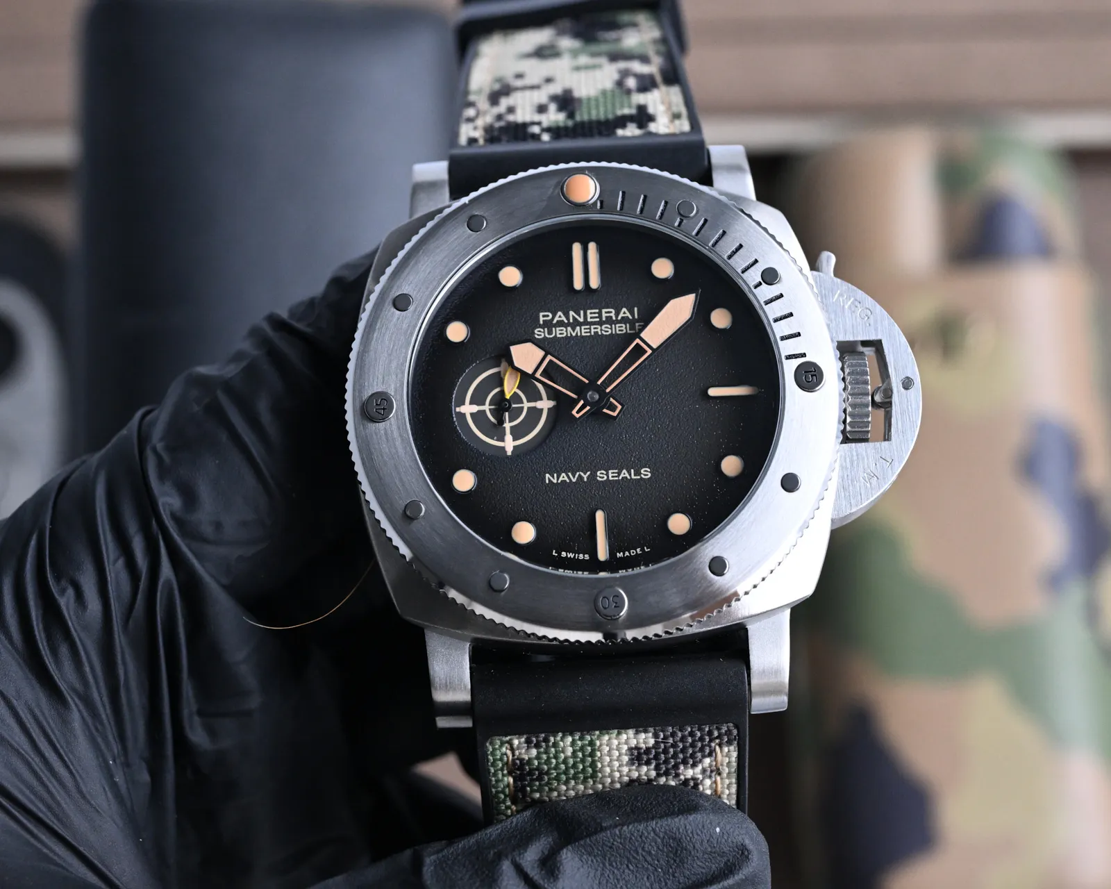 Minimalist Panerai Submersible Navy Seals Black Dial Titanium Case Camo Rubber Strap Men’s Dive Watch 819
