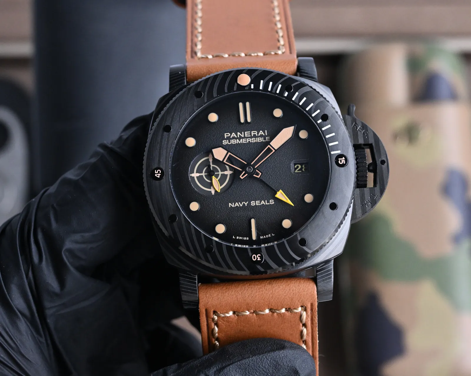 Minimalist Panerai Submersible Navy Seals Black Dial Titanium Case Camo Rubber Strap Men’s Dive Watch 819