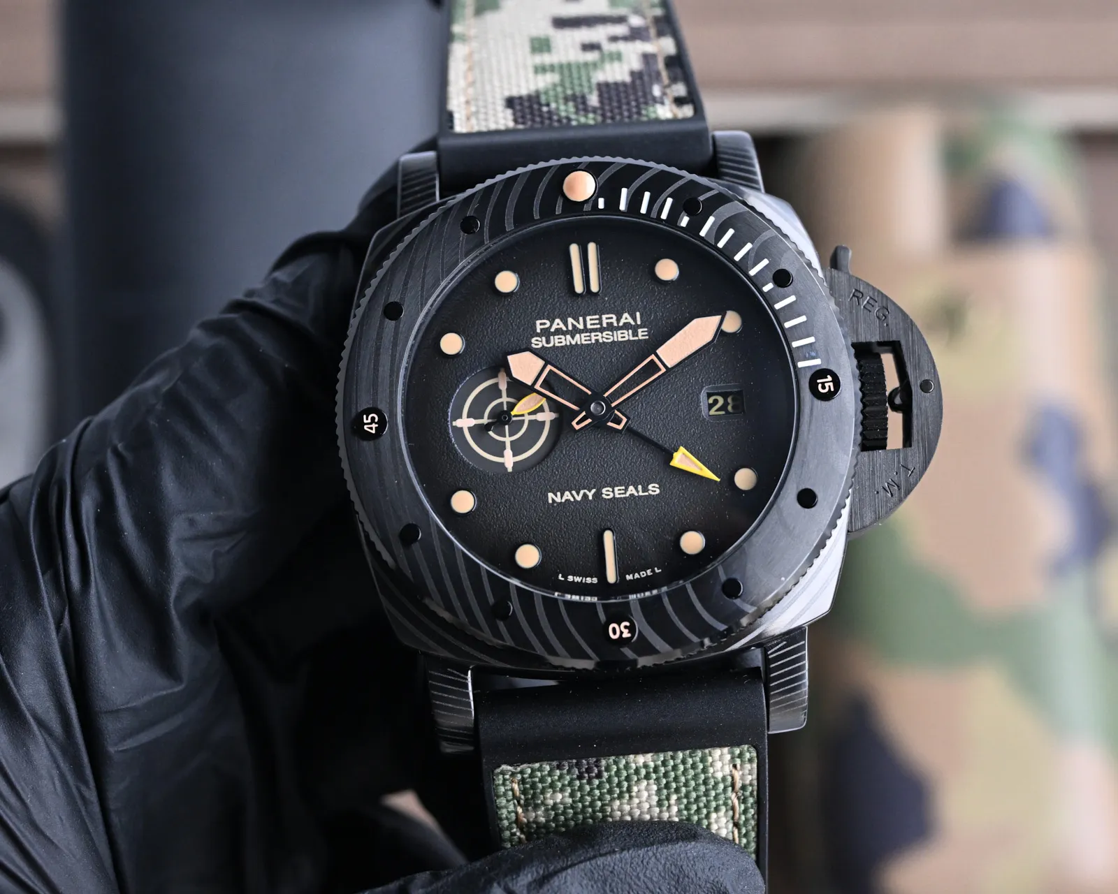 Minimalist Panerai Submersible Navy Seals Black Dial Titanium Case Camo Rubber Strap Men’s Dive Watch 819