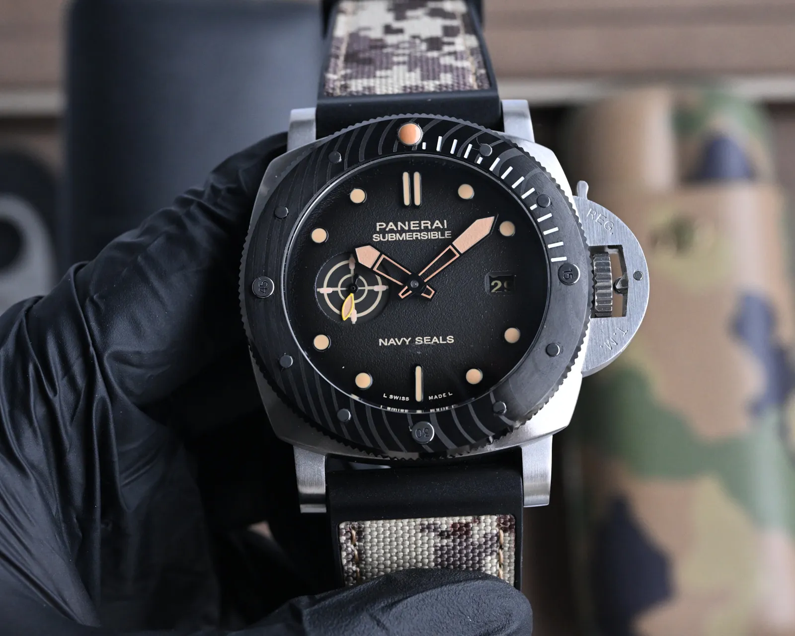Minimalist Panerai Submersible Navy Seals Black Dial Titanium Case Camo Rubber Strap Men’s Dive Watch 819
