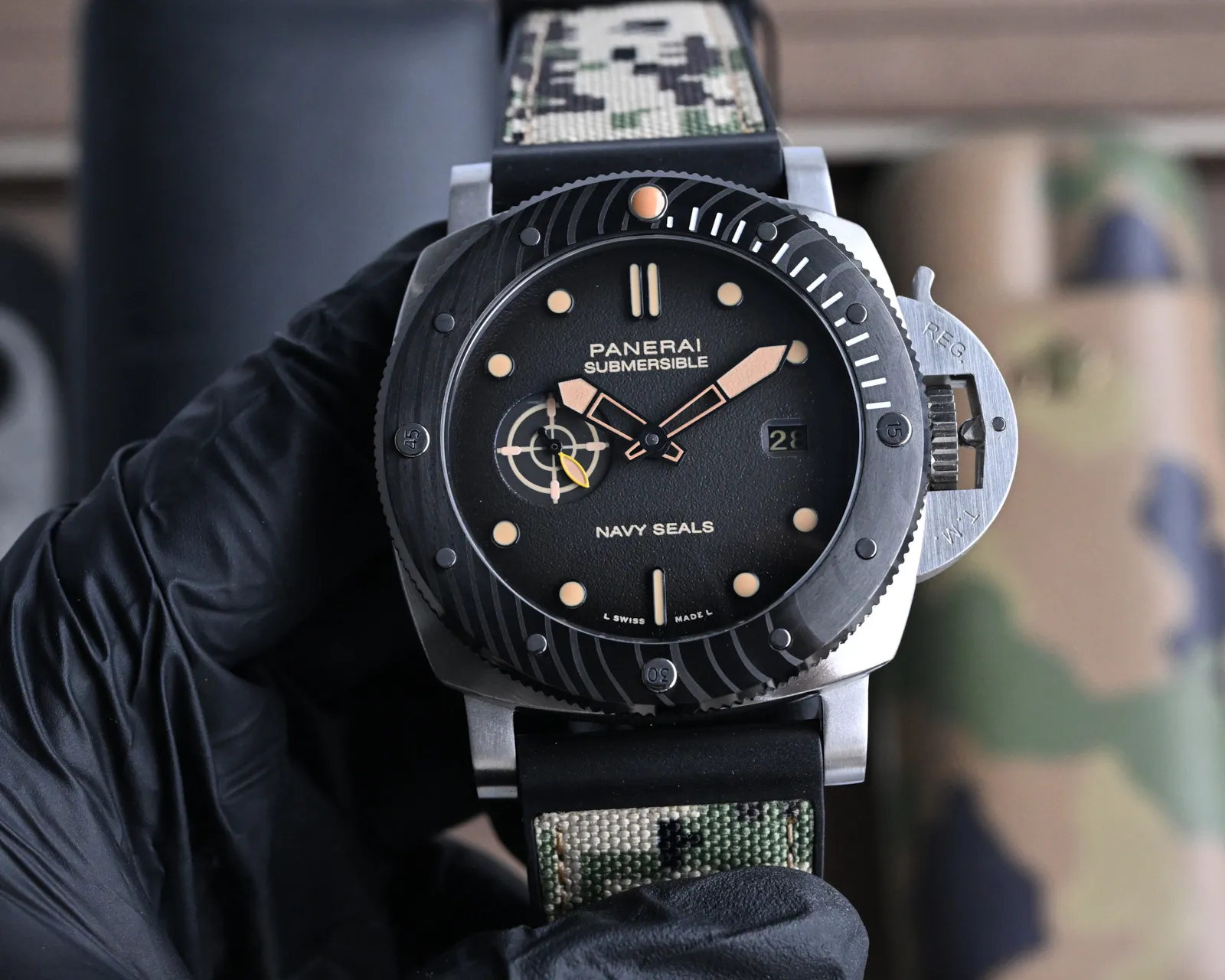 Minimalist Panerai Submersible Navy Seals Black Dial Titanium Case Camo Rubber Strap Men’s Dive Watch 819