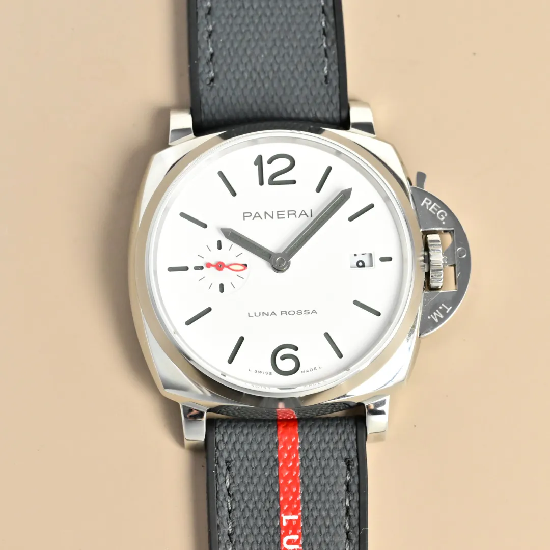 Panerai Luminor Luna Rossa Automatic White Dial Stainless Steel Case Grey Fabric Strap Men’s Watch Sporty 808