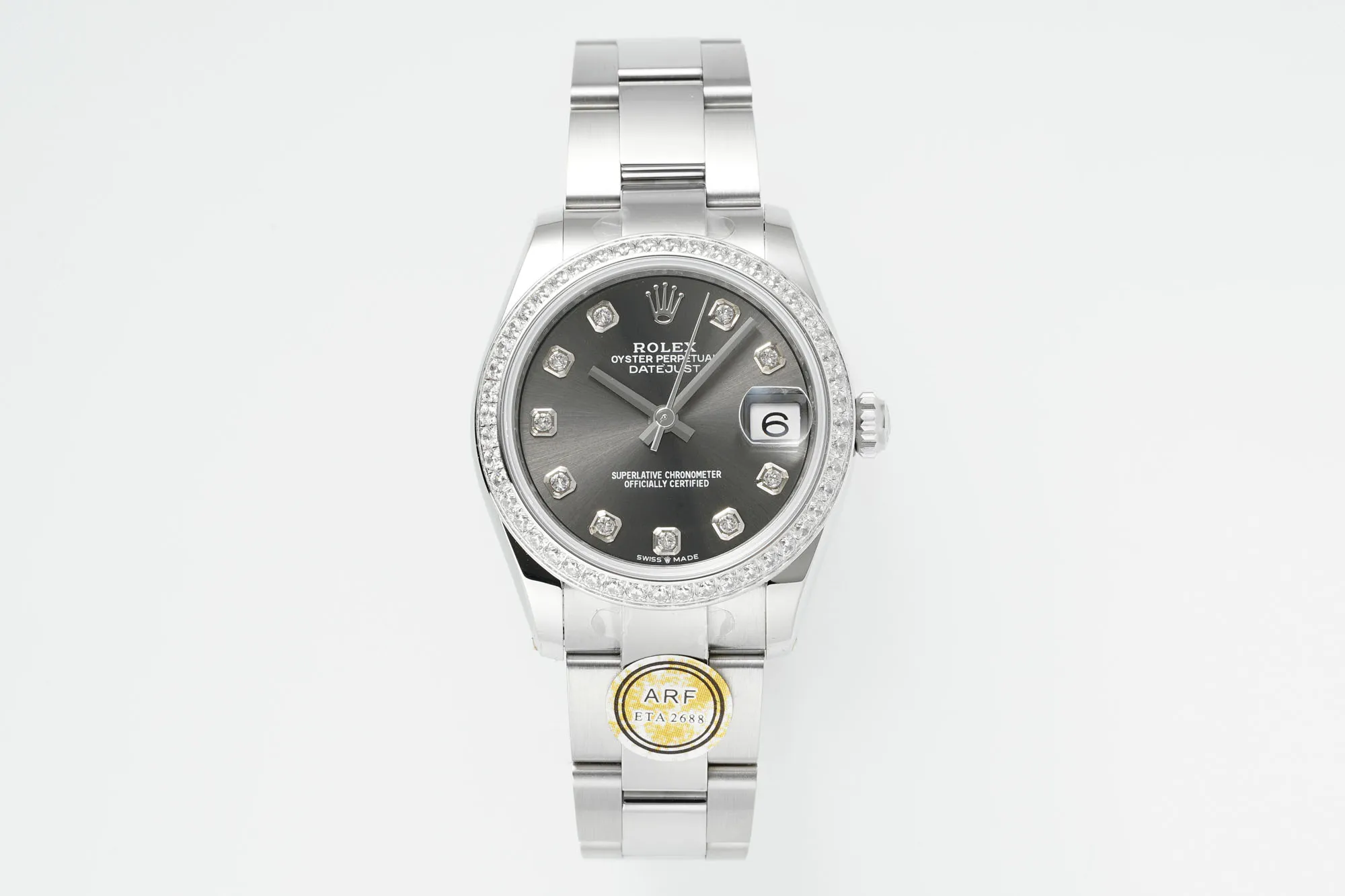 TechFriendly AR Factory Rolex Datejust 31mm Oyster Perpetual Stainless Steel Watch with Diamond Bezel and Grey Dial 4967
