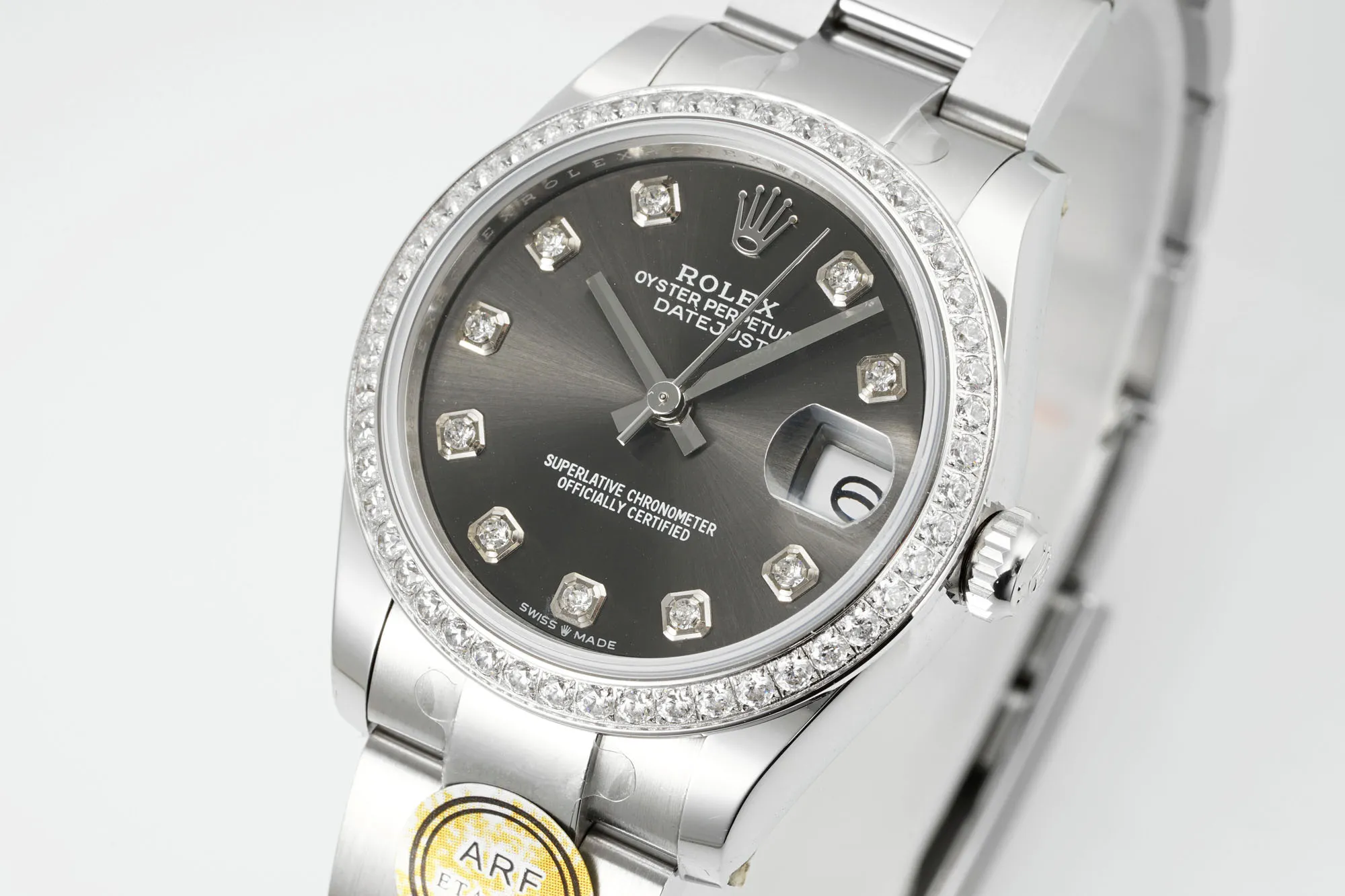 TechFriendly AR Factory Rolex Datejust 31mm Oyster Perpetual Stainless Steel Watch with Diamond Bezel and Grey Dial 4967