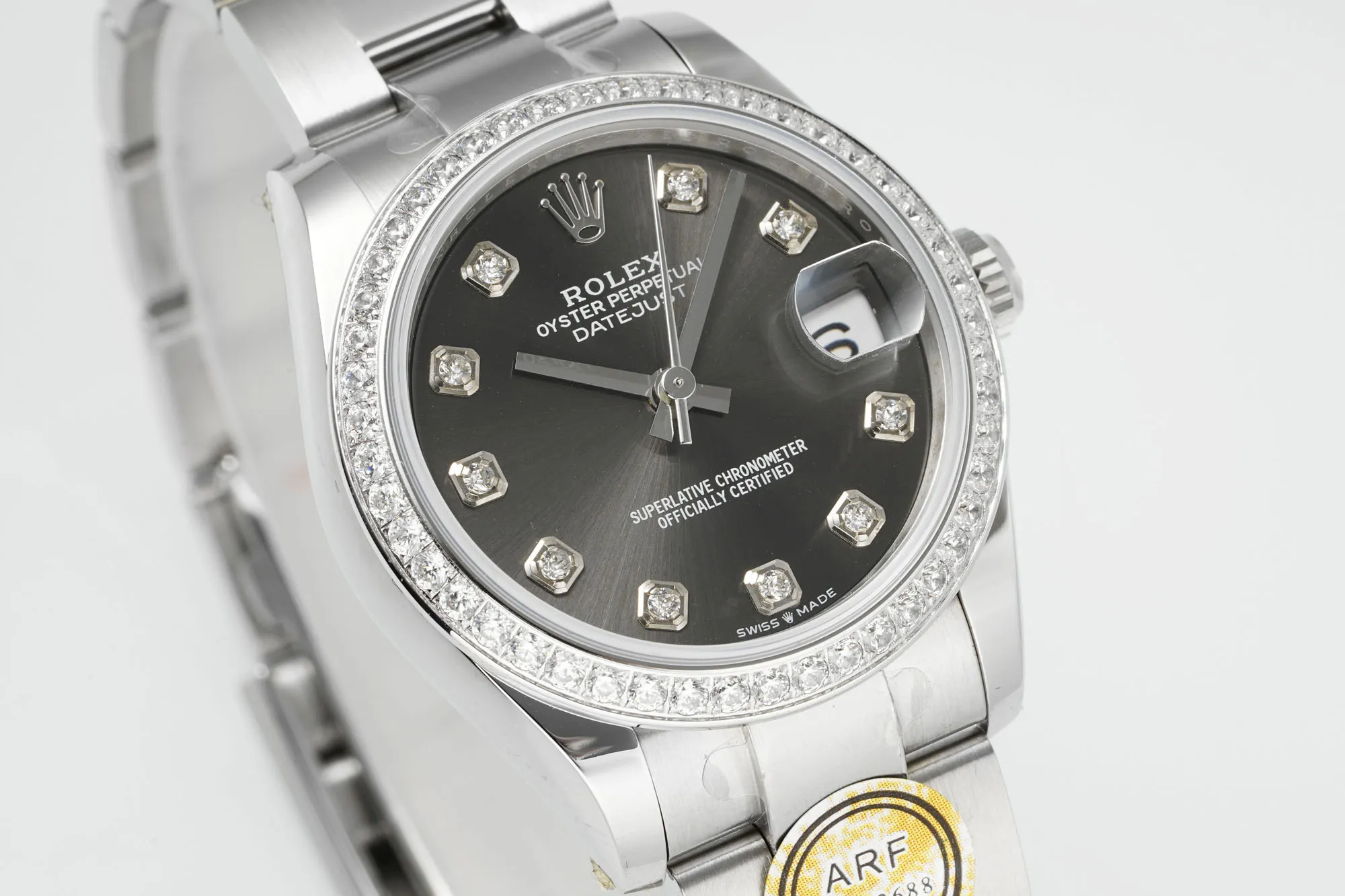 TechFriendly AR Factory Rolex Datejust 31mm Oyster Perpetual Stainless Steel Watch with Diamond Bezel and Grey Dial 4967