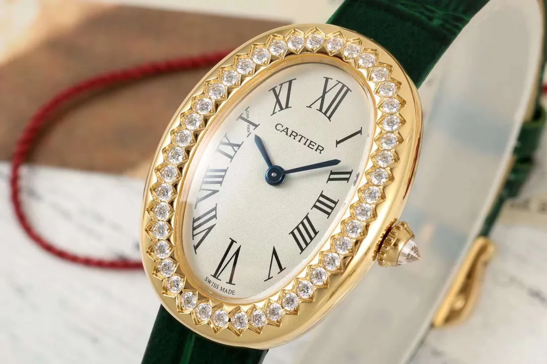 AF Factory Cartier Baignoire Oval Diamond-Set Yellow Gold Women’s Watch with Green Leather Strap and White Dial Breathable 5429