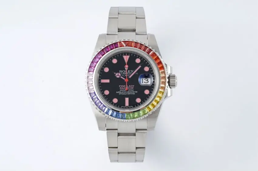 EasyCare Rolex Submariner Rainbow Bezel Watch – Black Dial with Pink Markers, 40mm Stainless Steel Case Timepieces 333