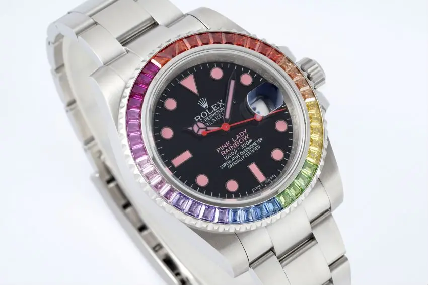 EasyCare Rolex Submariner Rainbow Bezel Watch – Black Dial with Pink Markers, 40mm Stainless Steel Case Timepieces 333