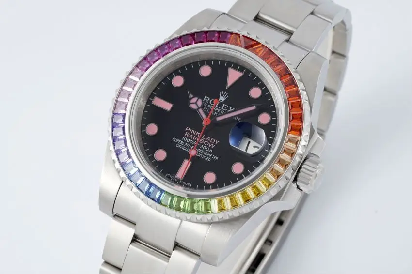 EasyCare Rolex Submariner Rainbow Bezel Watch – Black Dial with Pink Markers, 40mm Stainless Steel Case Timepieces 333