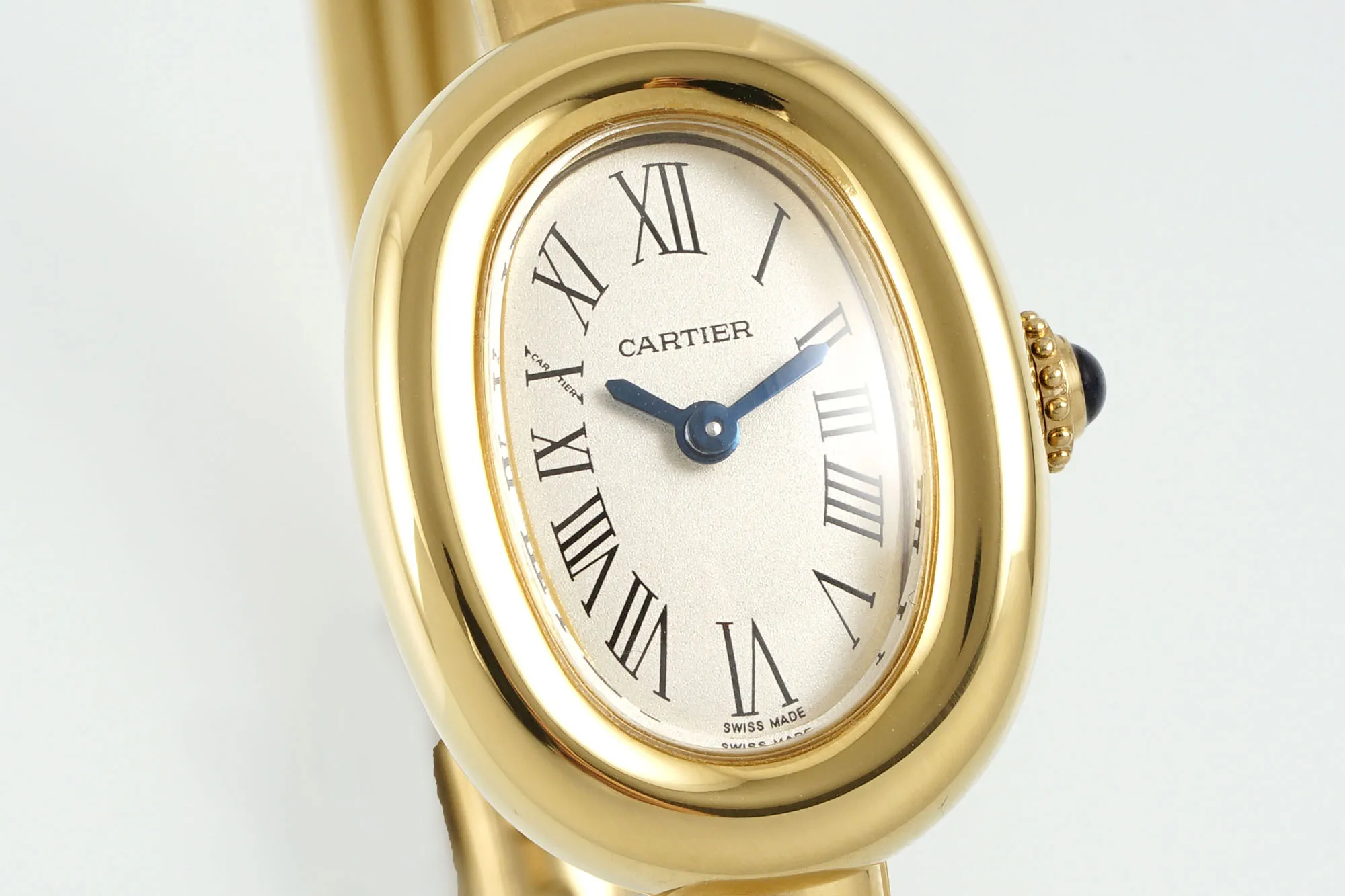 AF Factory Cartier Baignoire Yellow Gold Oval Bangle Watch with Cream Dial, Roman Numerals, and Black Cabochon Crown ModernLook 5431