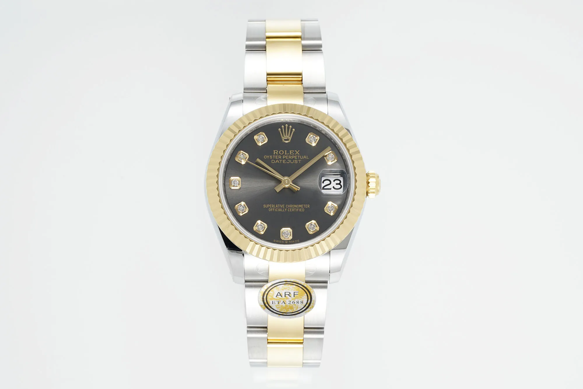 Comfortable AR Factory Rolex Lady-Datejust 31mm Two-Tone Yellow Gold and Stainless Steel Black Diamond Dial Fluted Bezel Oyster Bracelet Watch 187