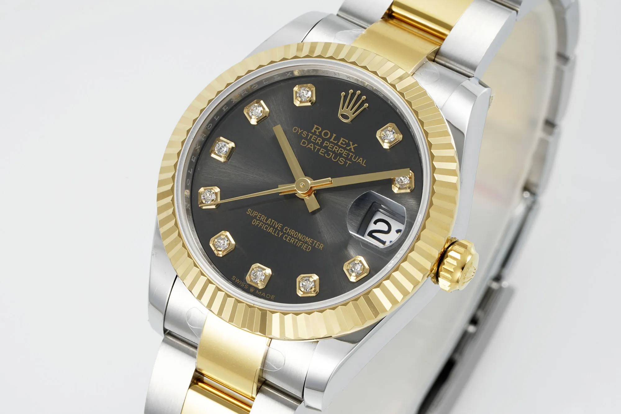 Comfortable AR Factory Rolex Lady-Datejust 31mm Two-Tone Yellow Gold and Stainless Steel Black Diamond Dial Fluted Bezel Oyster Bracelet Watch 187