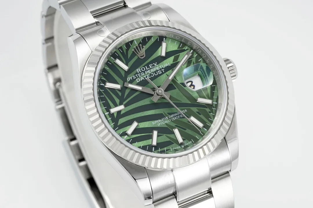 UrbanChic VS Factory Rolex Datejust 36mm Green Palm Leaf Motif Dial Stainless Steel Oyster Bracelet Watch 287