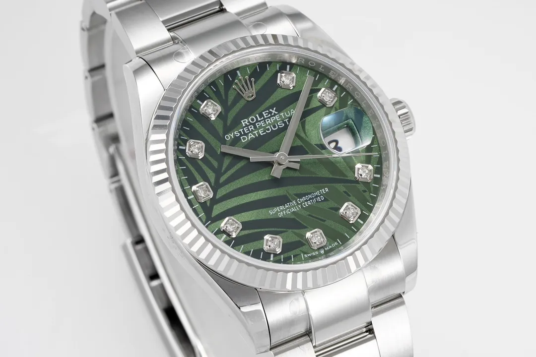 VS Factory Rolex Datejust 36mm Green Palm Motif Dial with Diamond Markers Stainless Steel Watch SunProtective 288