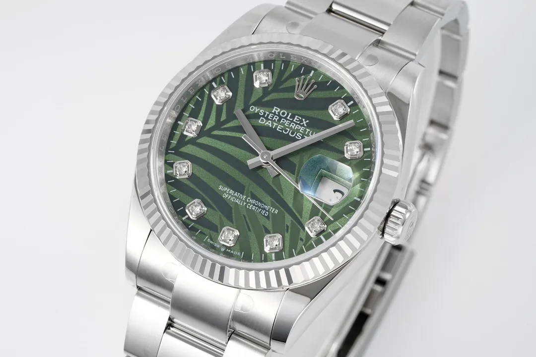 VS Factory Rolex Datejust 36mm Green Palm Motif Dial with Diamond Markers Stainless Steel Watch SunProtective 288