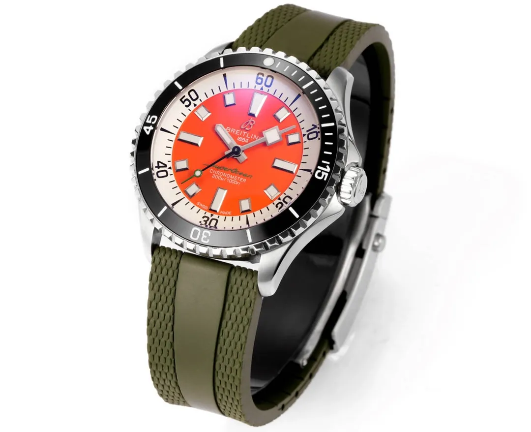 BLS Factory Breitling Superocean Automatic Orange Dial Green Rubber Strap Men’s Diver Watch Breathable 2652