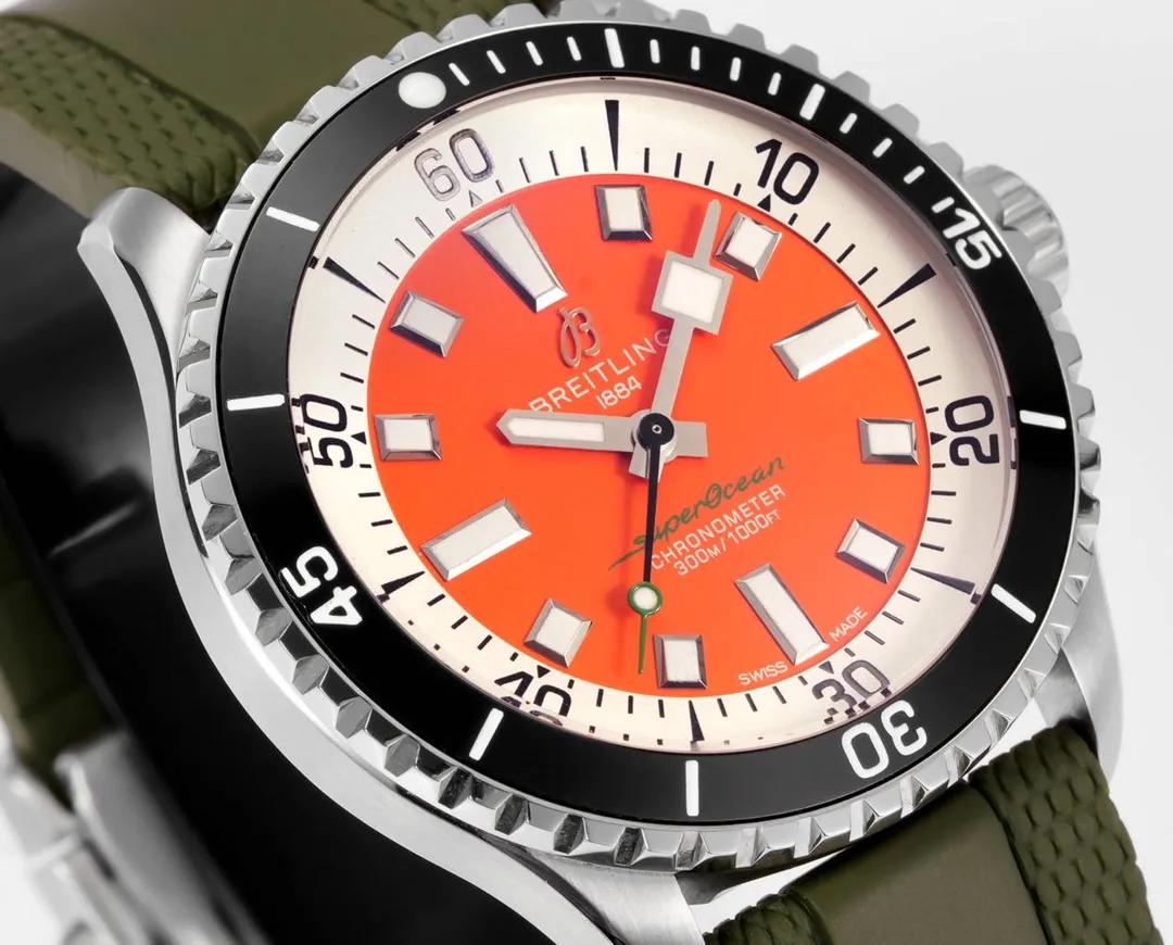 BLS Factory Breitling Superocean Automatic Orange Dial Green Rubber Strap Men’s Diver Watch Breathable 2652