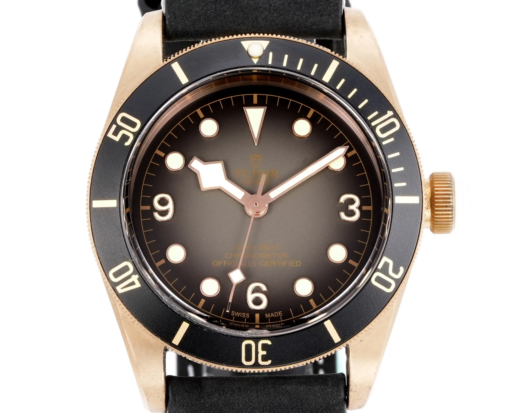 Tudor Black Bay Bronze Automatic Diver’s Watch with Black Dial, Rotating Bezel, and Black Leather Strap Cozy 4283