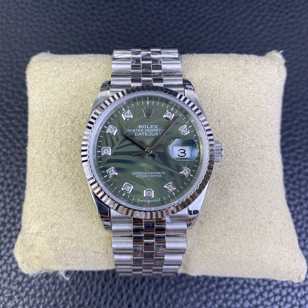 CBD Factory Rolex Datejust 36mm Olive Green Palm Motif Diamond Dial Jubilee Bracelet (126234) 1:1 Super Clone – DD3235 Movement Breathable 103