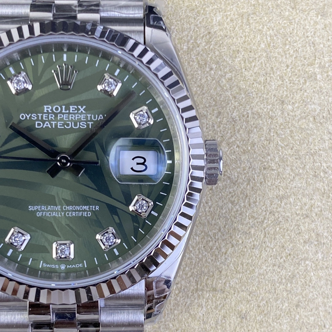 CBD Factory Rolex Datejust 36mm Olive Green Palm Motif Diamond Dial Jubilee Bracelet (126234) 1:1 Super Clone – DD3235 Movement Breathable 103
