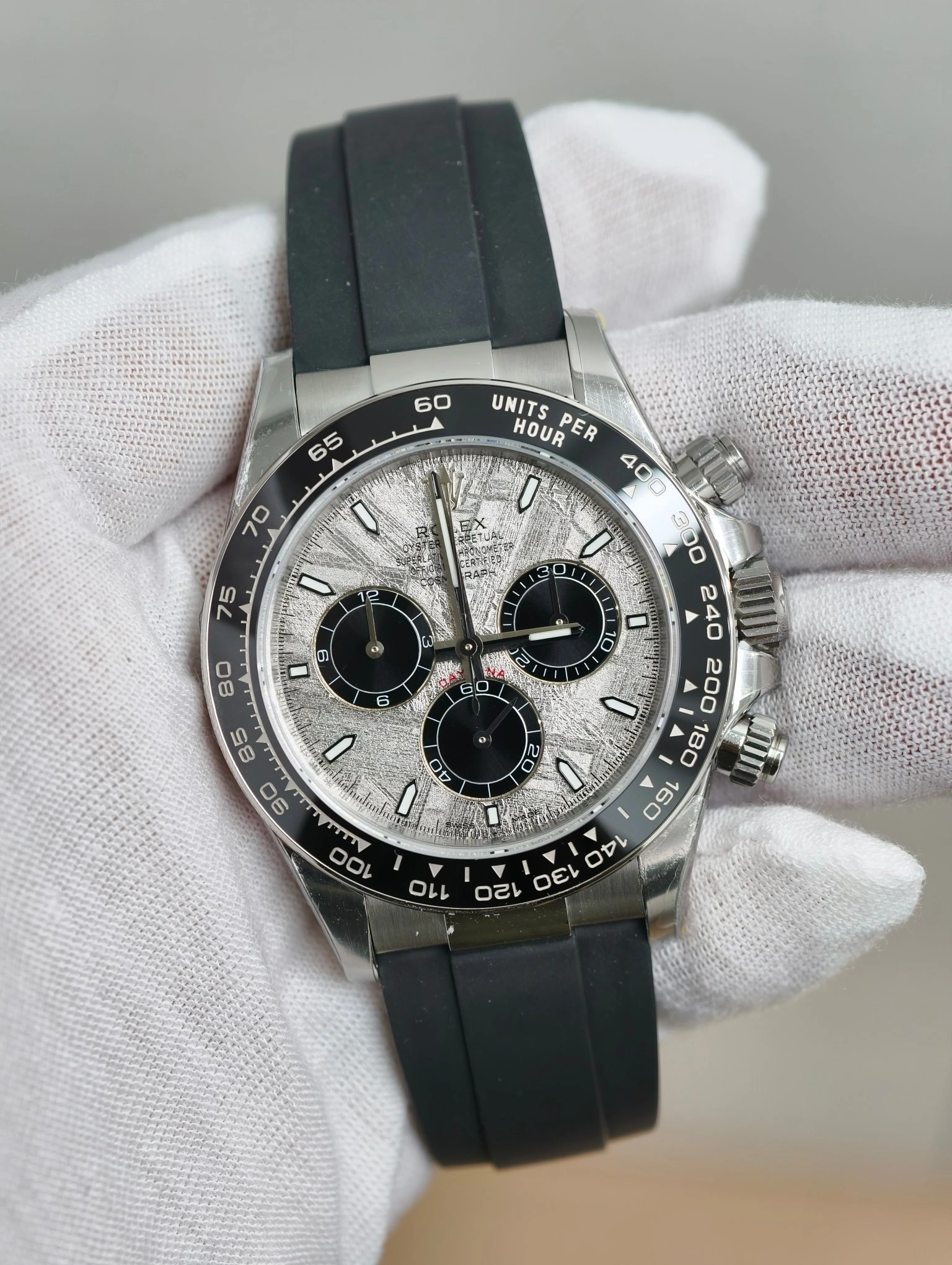 WeatherProof CBD Factory Rolex Daytona 40mm White Gold Meteorite Dial Rubber Strap (126519LN) 1:1 Super Clone – DD4131 Movement 19