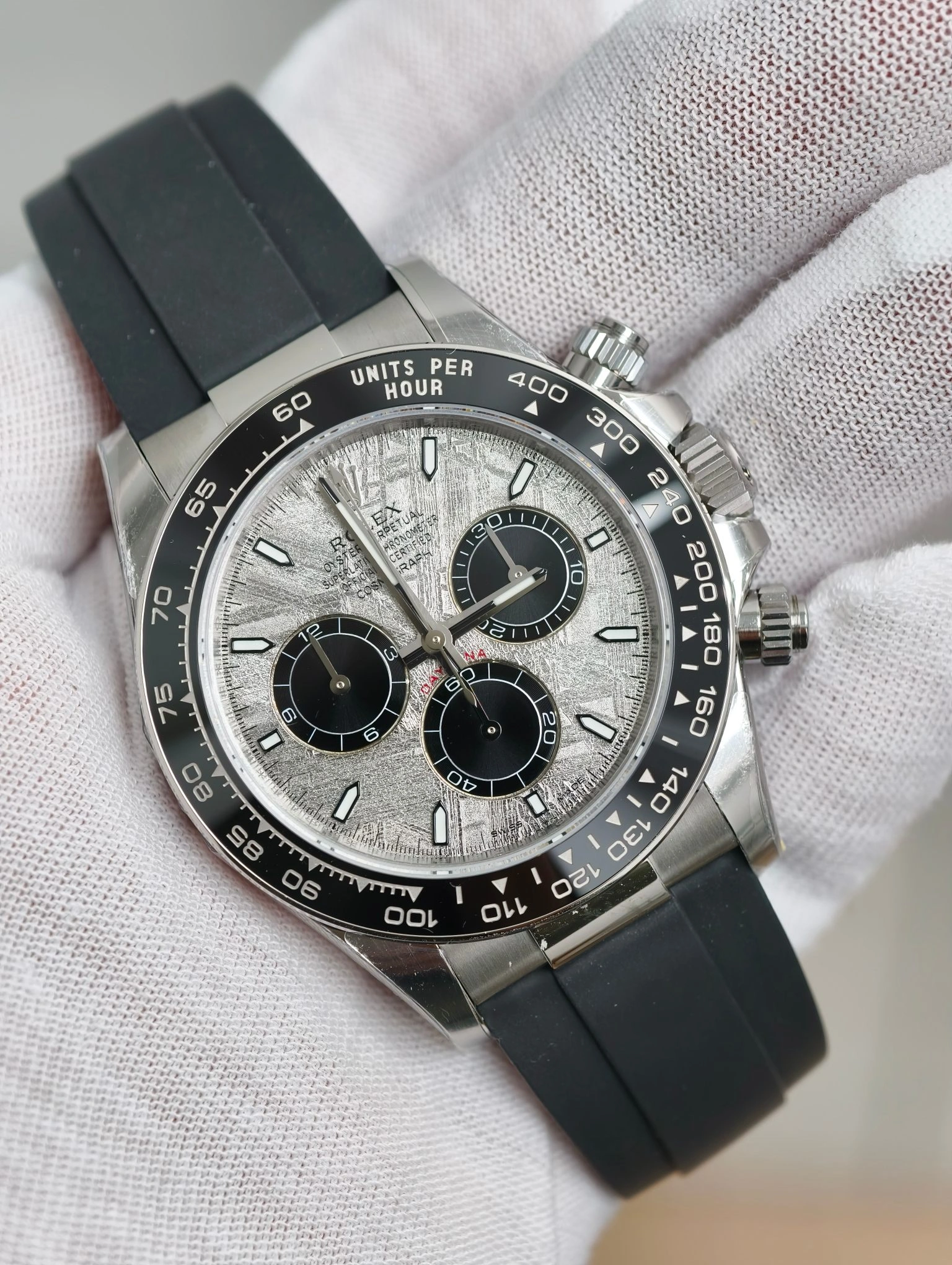 WeatherProof CBD Factory Rolex Daytona 40mm White Gold Meteorite Dial Rubber Strap (126519LN) 1:1 Super Clone – DD4131 Movement 19
