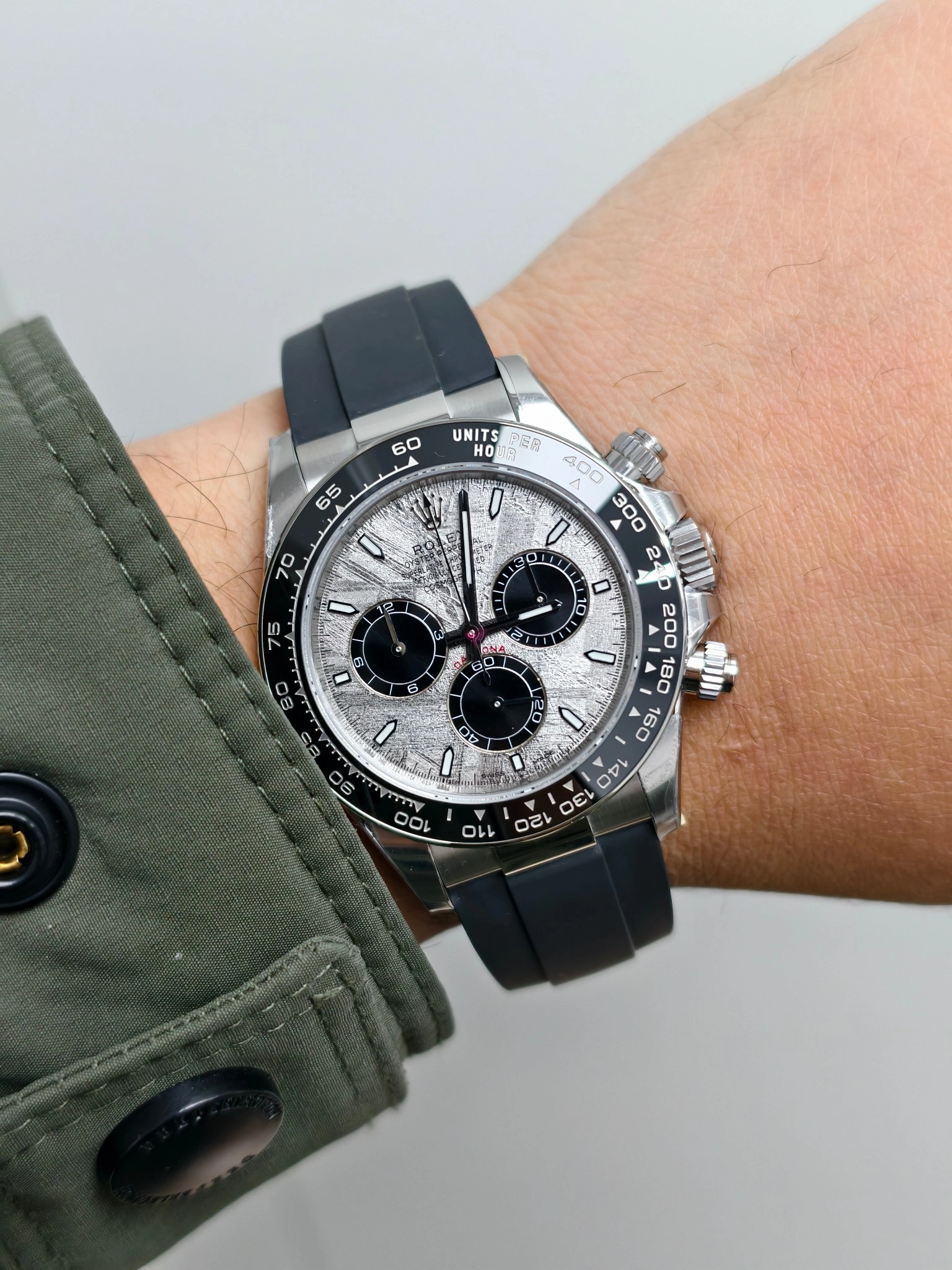 WeatherProof CBD Factory Rolex Daytona 40mm White Gold Meteorite Dial Rubber Strap (126519LN) 1:1 Super Clone – DD4131 Movement 19