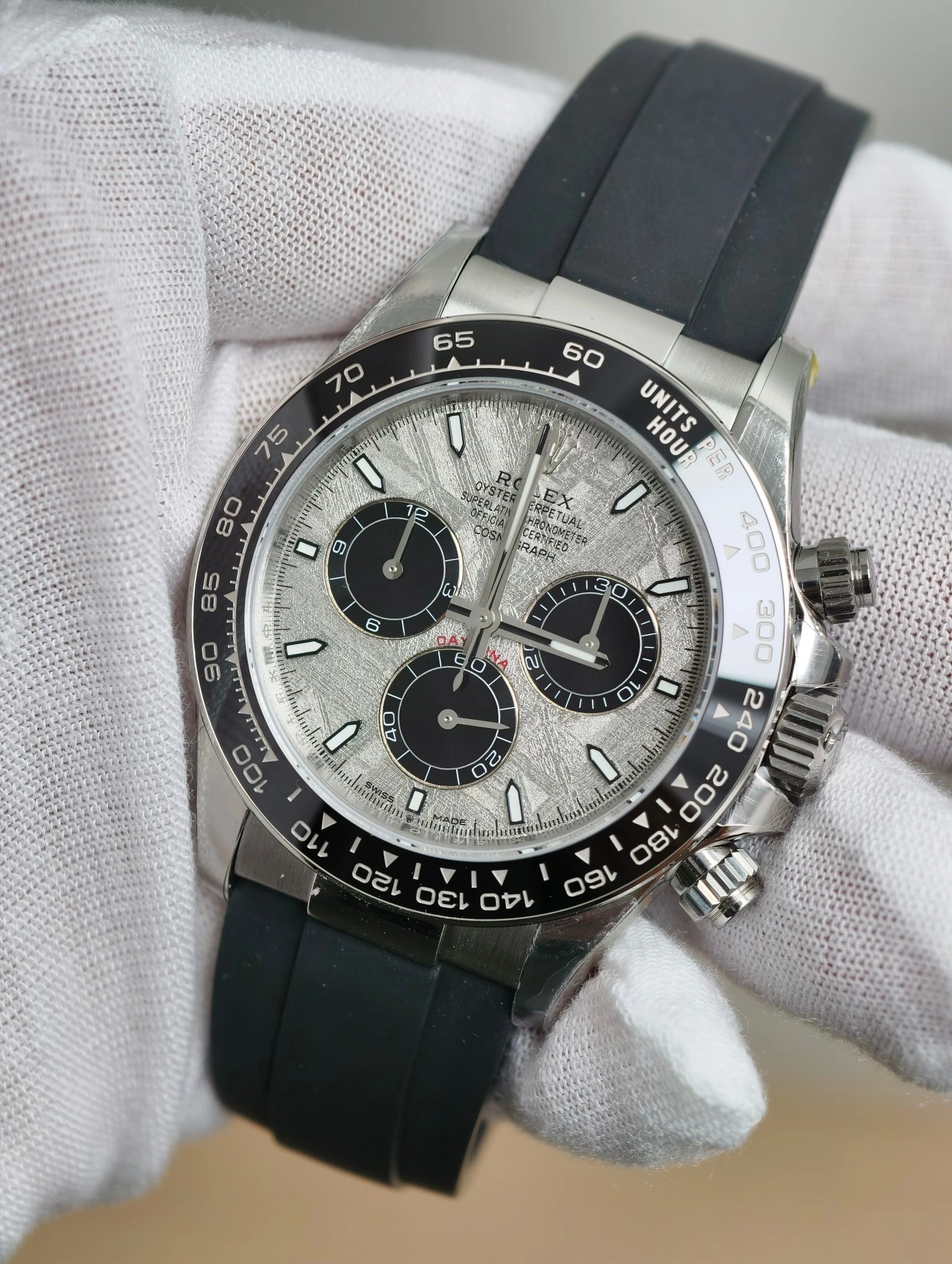 WeatherProof CBD Factory Rolex Daytona 40mm White Gold Meteorite Dial Rubber Strap (126519LN) 1:1 Super Clone – DD4131 Movement 19
