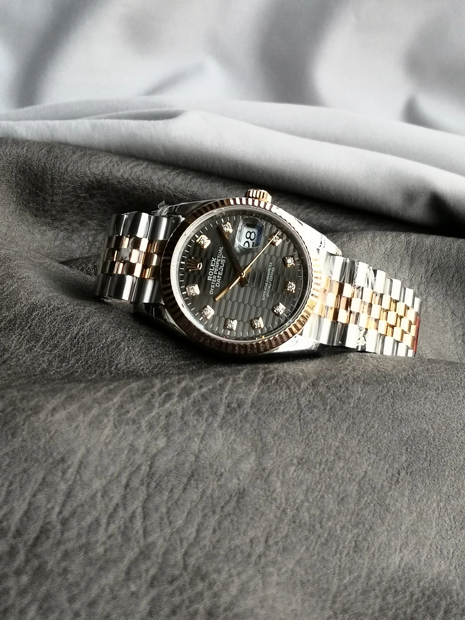 CBD Factory Rolex Datejust 36 Two-Tone Everose Gold Slate Grey Fluted Motif Diamond Dial (126231) 1:1 Super Clone – DD3235 Movement StreetReady 95