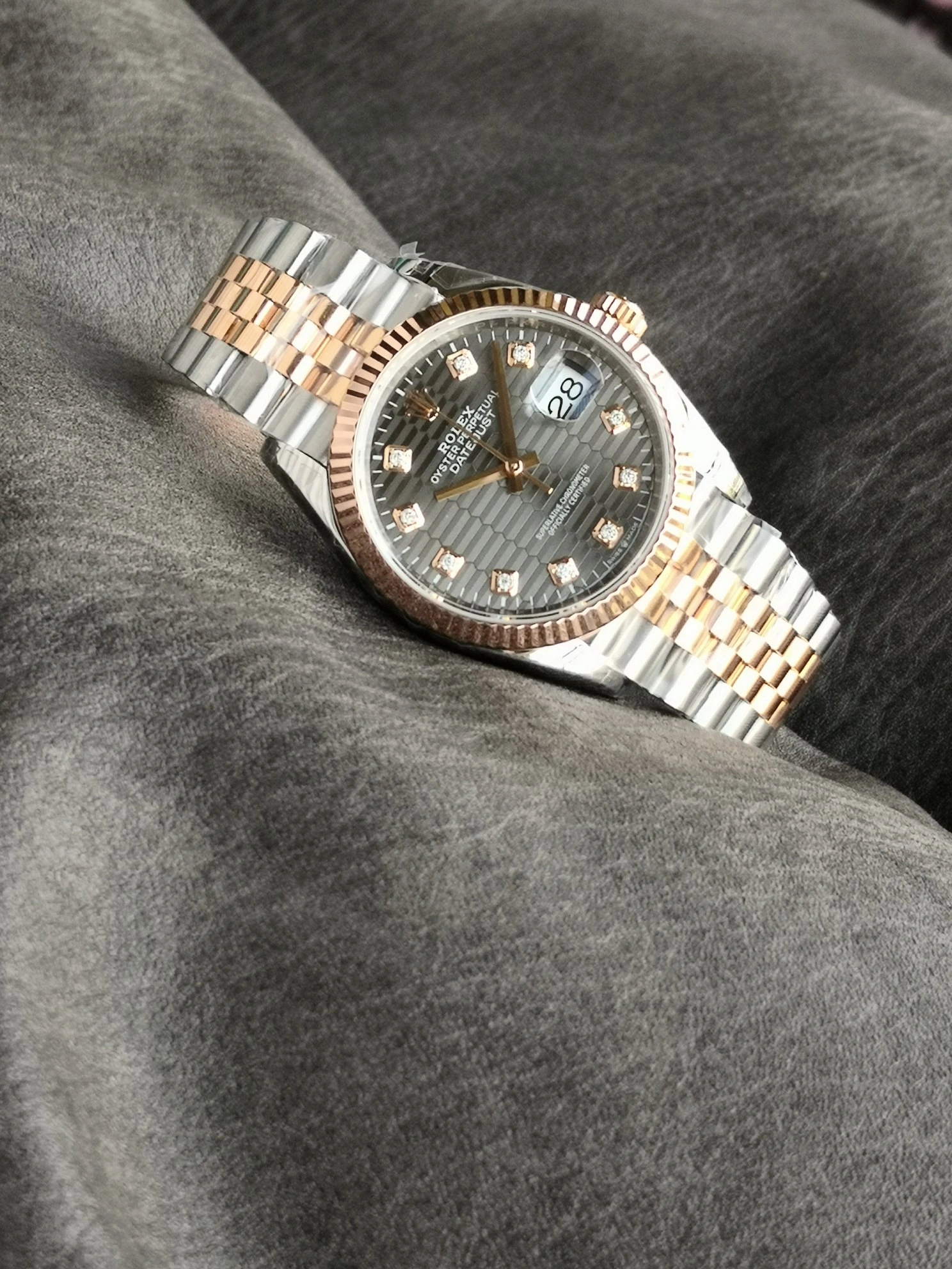 CBD Factory Rolex Datejust 36 Two-Tone Everose Gold Slate Grey Fluted Motif Diamond Dial (126231) 1:1 Super Clone – DD3235 Movement StreetReady 95