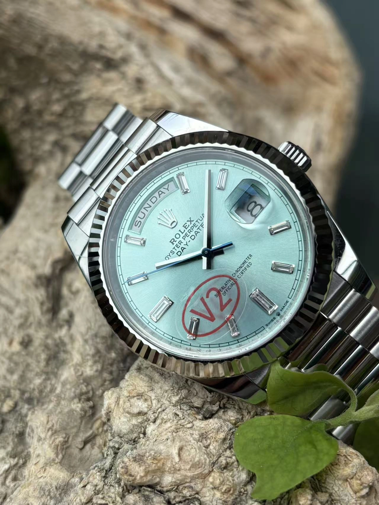 Practical CBD Factory Rolex Day-Date 40 Platinum Ice Blue Diamond Dial (228236) 1:1 Super Clone – DD3255 Movement 131