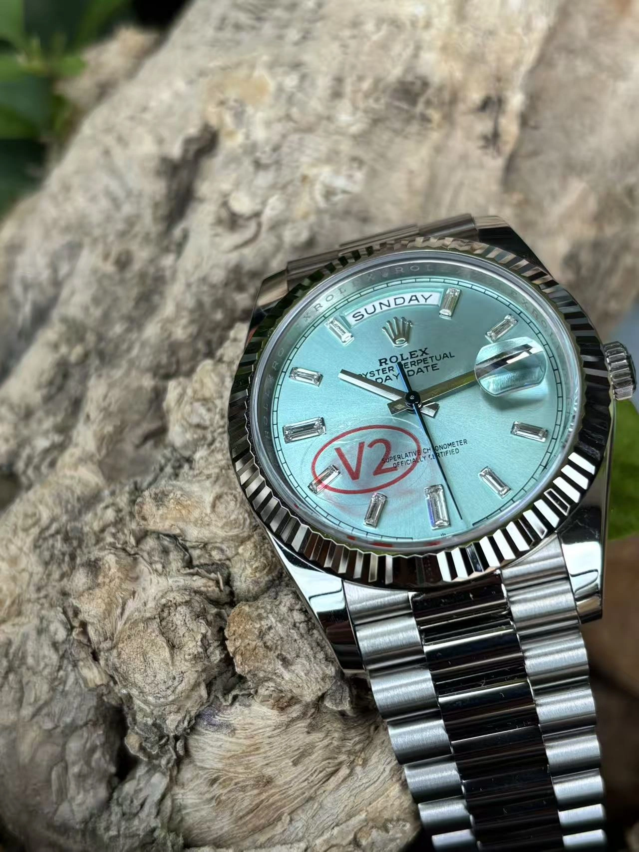 Practical CBD Factory Rolex Day-Date 40 Platinum Ice Blue Diamond Dial (228236) 1:1 Super Clone – DD3255 Movement 131