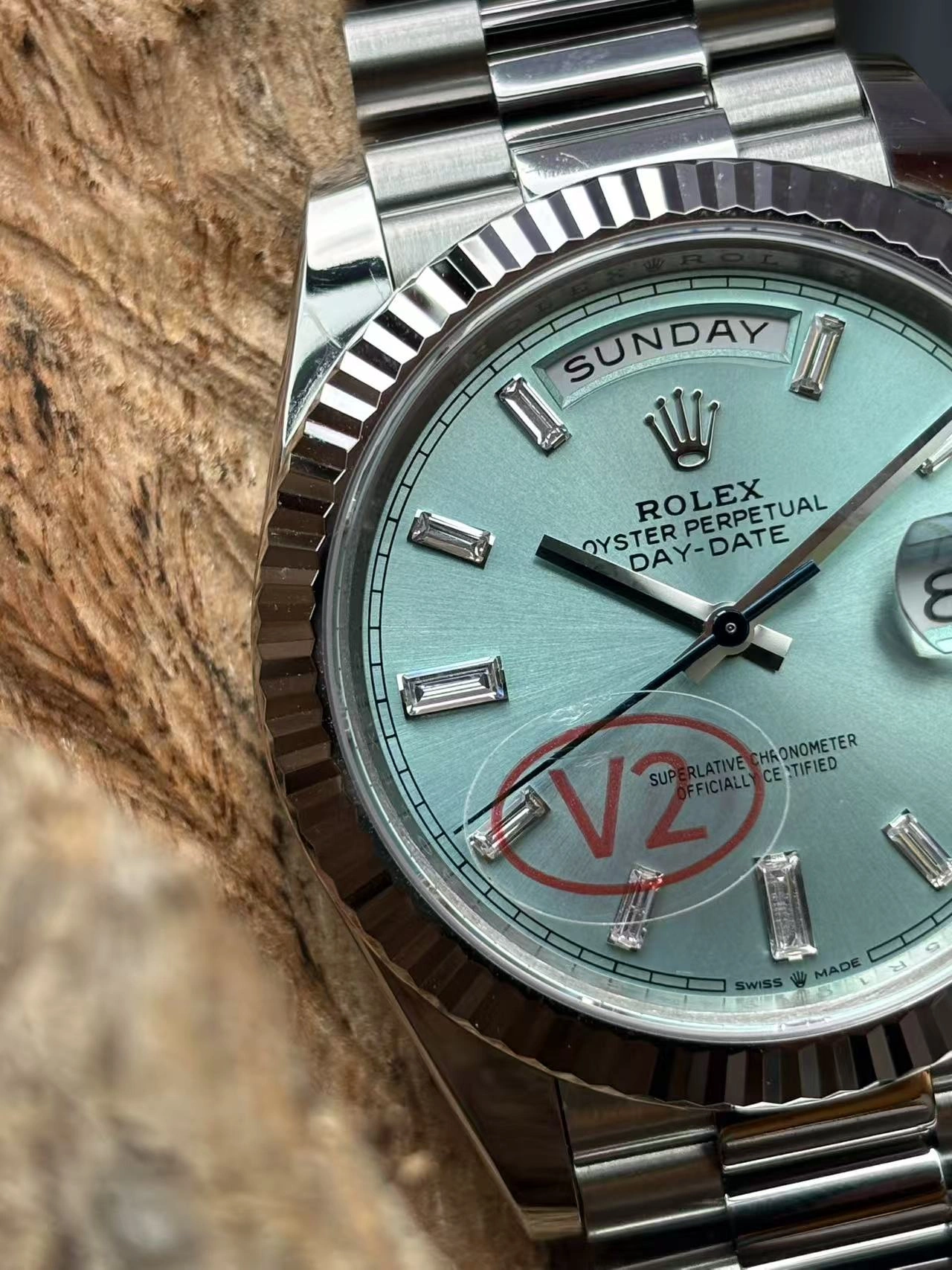 Practical CBD Factory Rolex Day-Date 40 Platinum Ice Blue Diamond Dial (228236) 1:1 Super Clone – DD3255 Movement 131