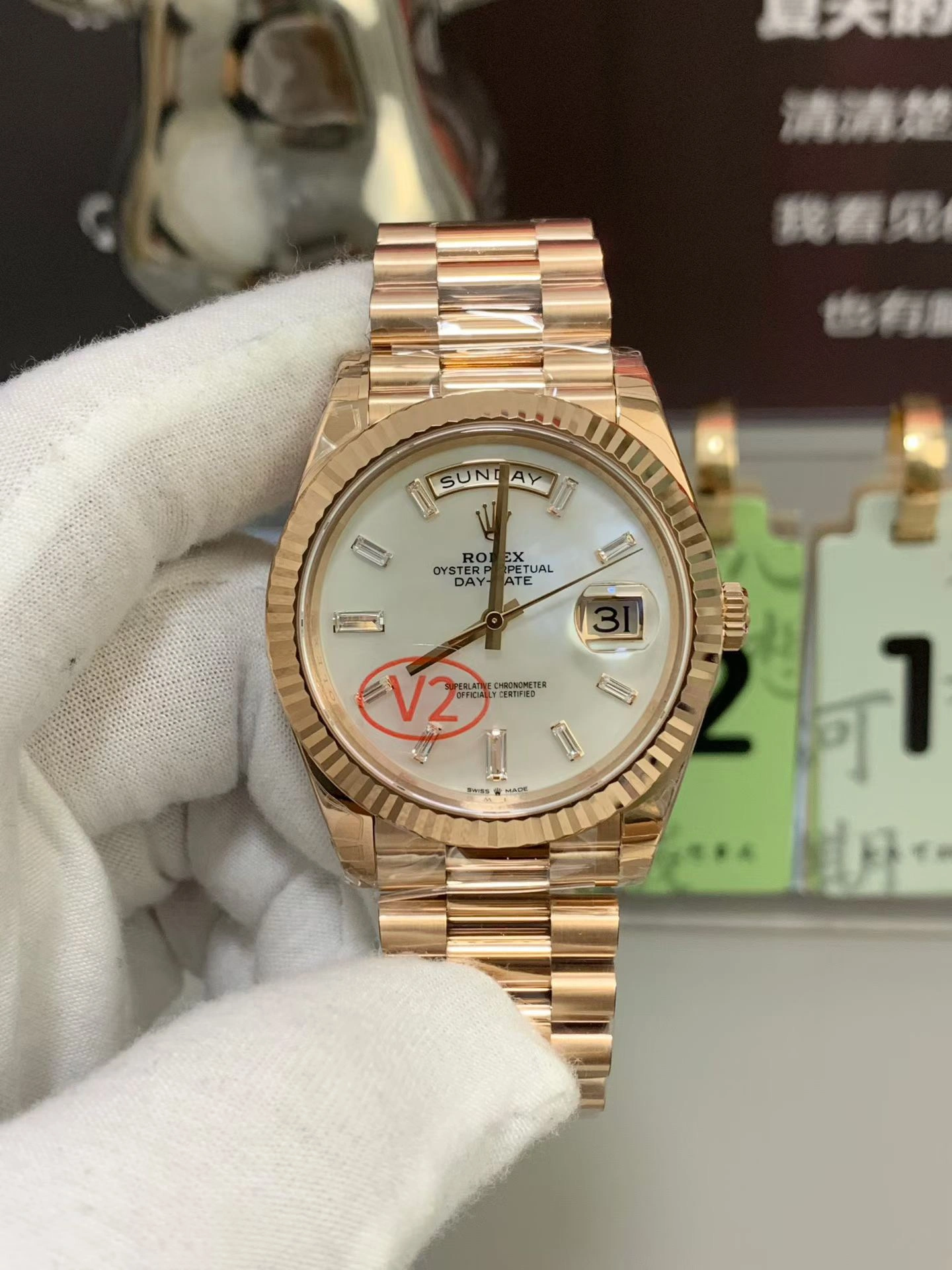 CBD Factory Rolex Day-Date 40 Everose Gold White Baguette Diamond Dial (228235) V2 1:1 Super Clone – DD3255 Movement SmartChoice 125