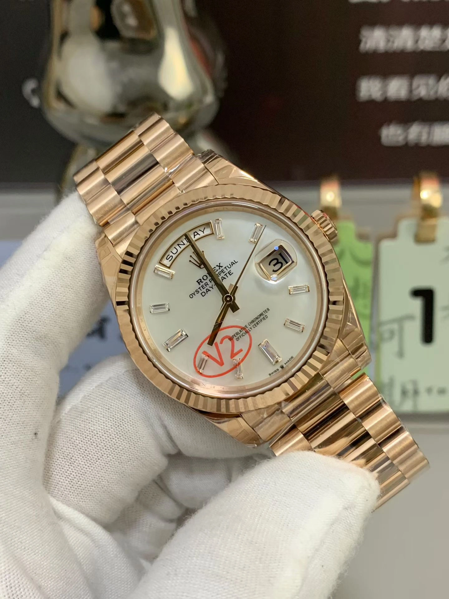 CBD Factory Rolex Day-Date 40 Everose Gold White Baguette Diamond Dial (228235) V2 1:1 Super Clone – DD3255 Movement SmartChoice 125