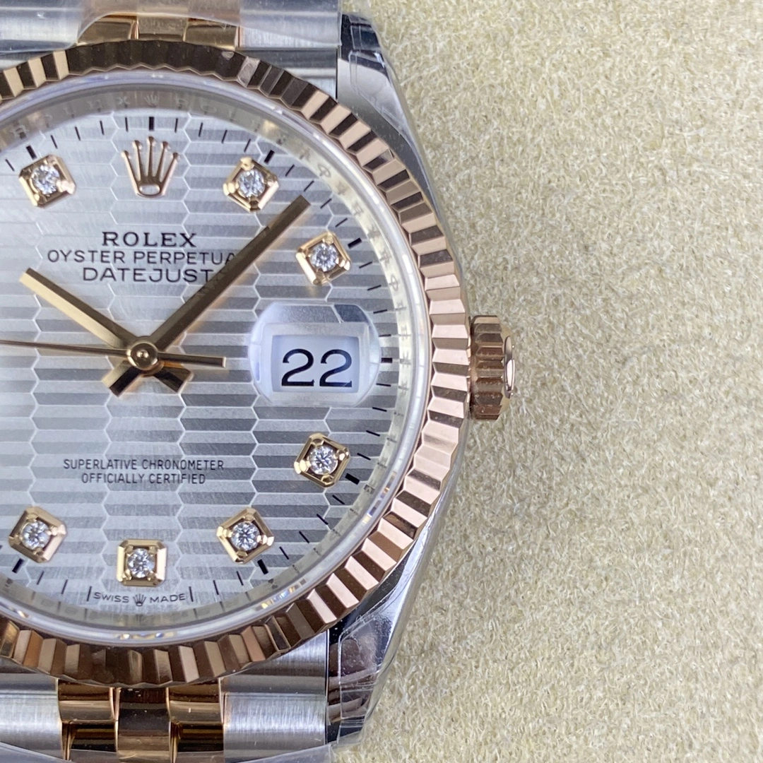 CBD Factory Rolex Datejust 36mm Two-Tone Rose Gold Silver Fluted Motif Diamond Dial Jubilee Bracelet (126231) 1:1 Super Clone – DD3235 Movement Original 112