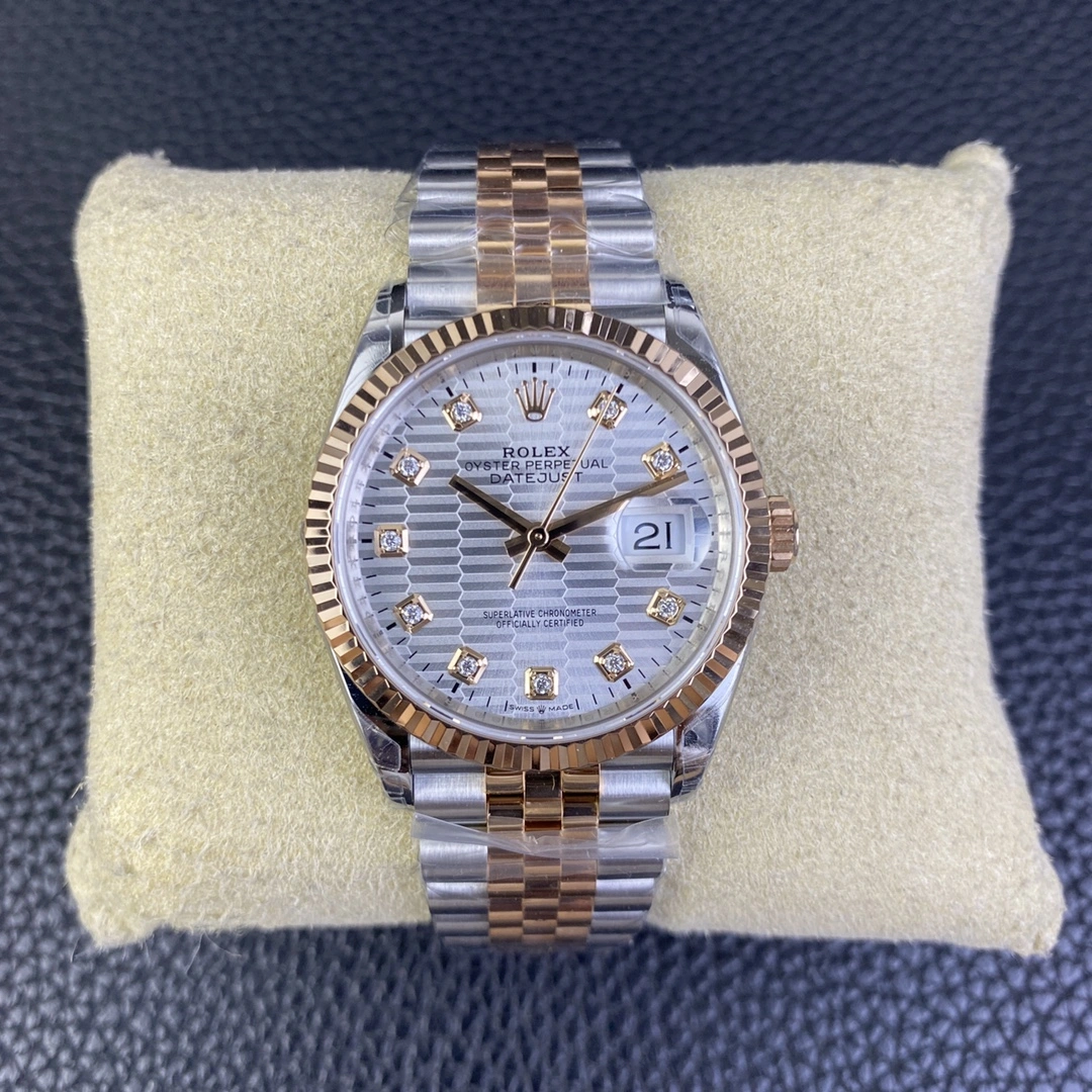 CBD Factory Rolex Datejust 36mm Two-Tone Rose Gold Silver Fluted Motif Diamond Dial Jubilee Bracelet (126231) 1:1 Super Clone – DD3235 Movement Original 112
