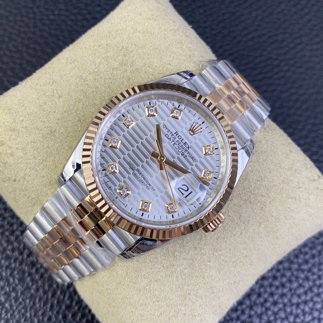 CBD Factory Rolex Datejust 36mm Two-Tone Rose Gold Silver Fluted Motif Diamond Dial Jubilee Bracelet (126231) 1:1 Super Clone – DD3235 Movement Original 112