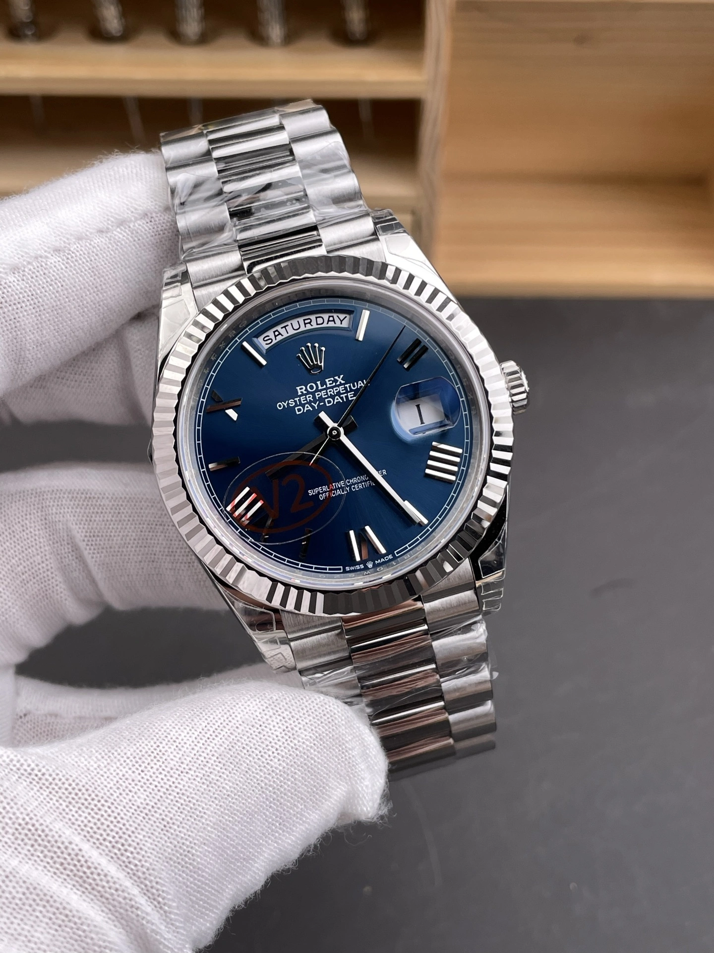 CBD Factory (V2) Rolex Day-Date 40mm Blue Sunburst Roman Dial Fluted Bezel President Bracelet (228239) 1:1 Super Clone – DD3255 Movement Lightweight 136
