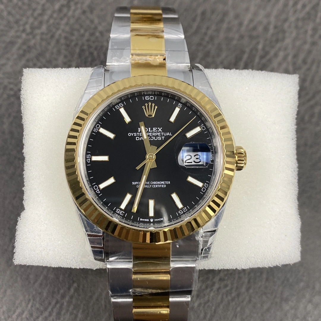 WrinkleFree CBD Factory Rolex Datejust 41mm Two-Tone Yellow Gold Black Sunburst Dial Fluted Bezel Oyster Bracelet (126333) 1:1 Super Clone – DD3235 Movement 83