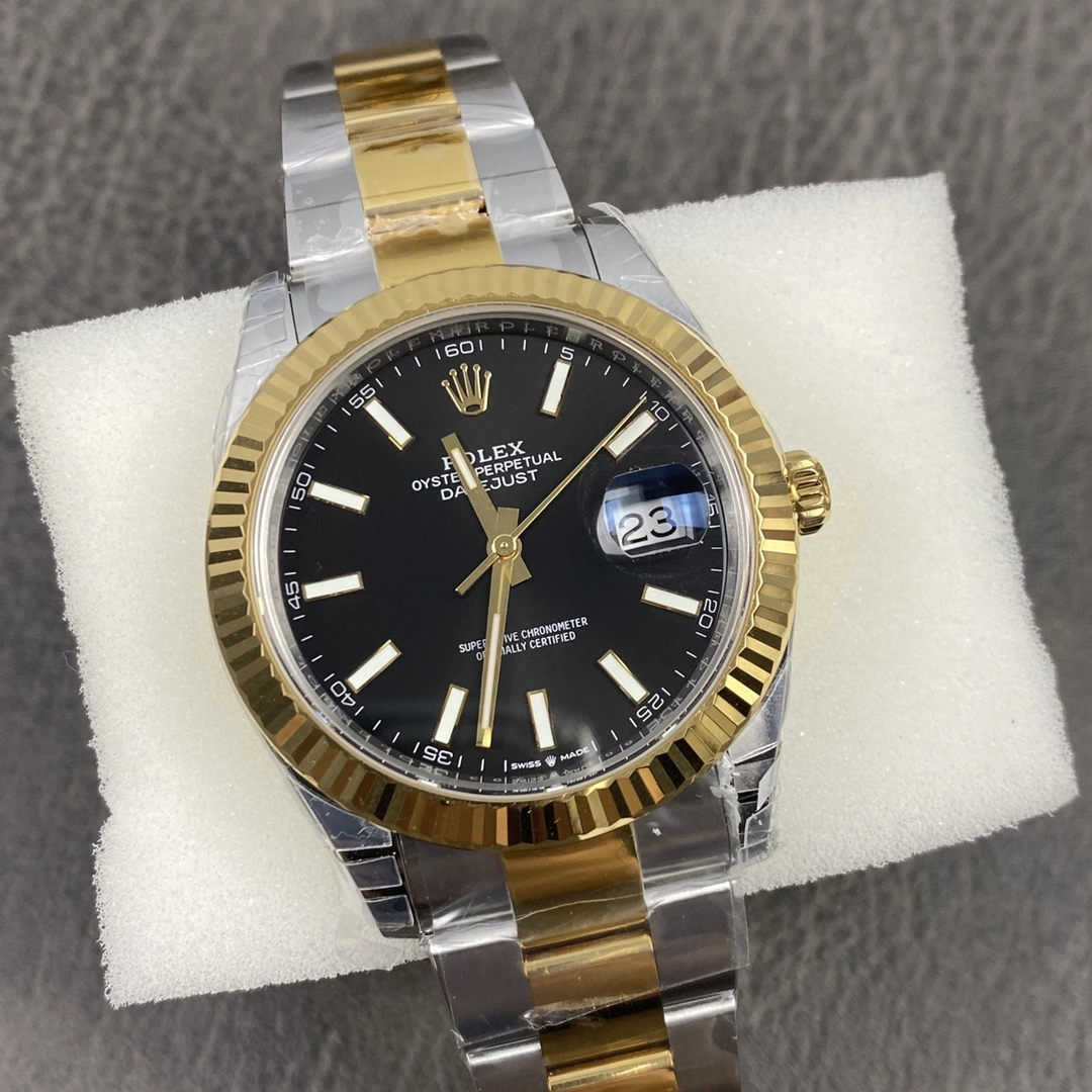 WrinkleFree CBD Factory Rolex Datejust 41mm Two-Tone Yellow Gold Black Sunburst Dial Fluted Bezel Oyster Bracelet (126333) 1:1 Super Clone – DD3235 Movement 83