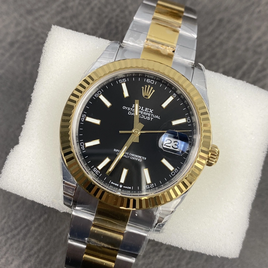 WrinkleFree CBD Factory Rolex Datejust 41mm Two-Tone Yellow Gold Black Sunburst Dial Fluted Bezel Oyster Bracelet (126333) 1:1 Super Clone – DD3235 Movement 83