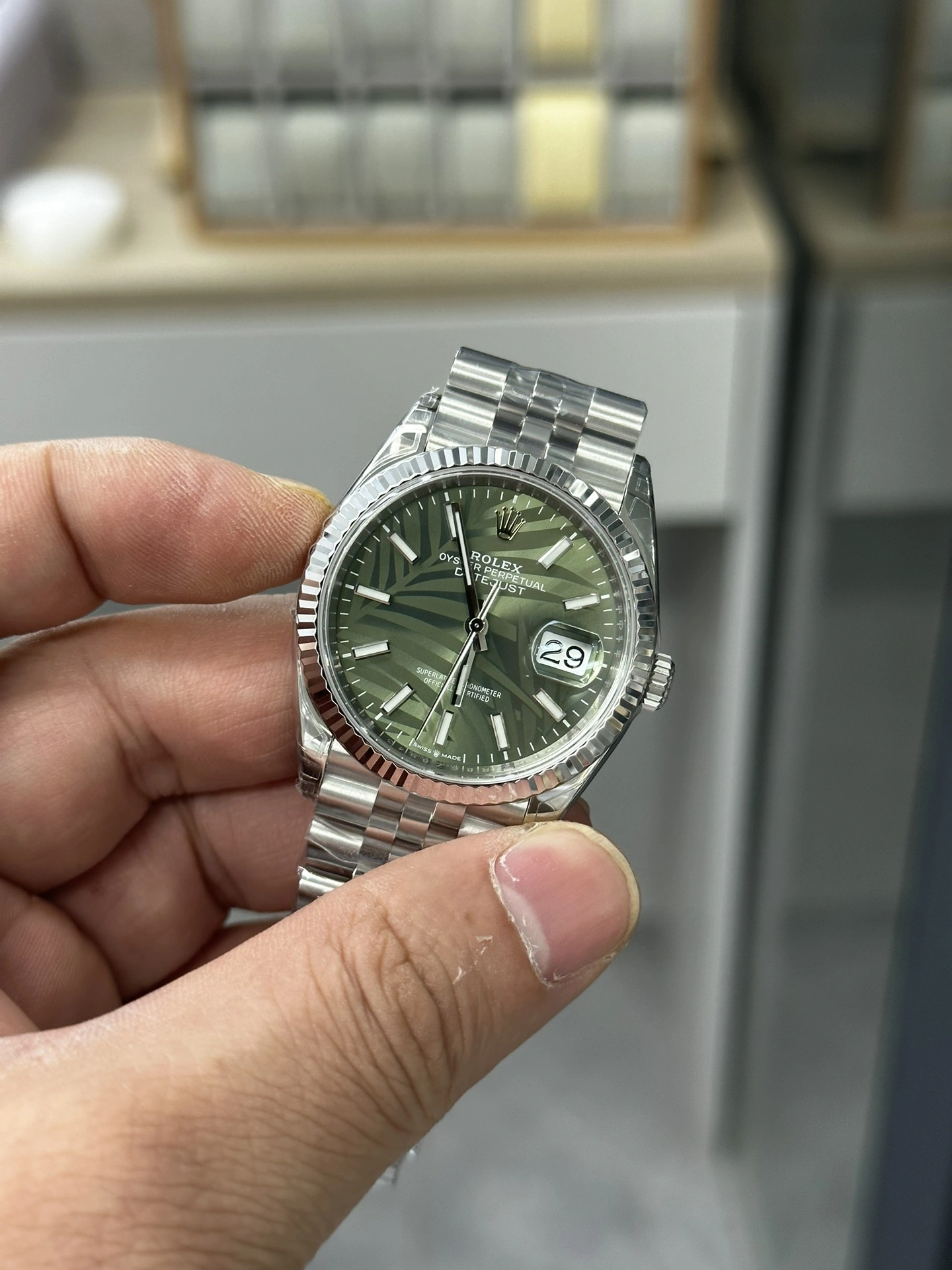 OdorResistant CBD Factory Rolex Datejust 36mm Olive Green Palm Motif Dial Jubilee Bracelet (126234) 1:1 Super Clone – DD3235 Movement 101