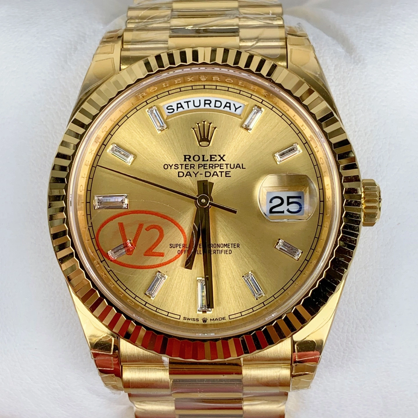 Casual CBD Factory Rolex Day-Date 40 Yellow Gold Champagne Baguette Diamond Dial (228238) V2 1:1 Super Clone – DD3255 Movement 130